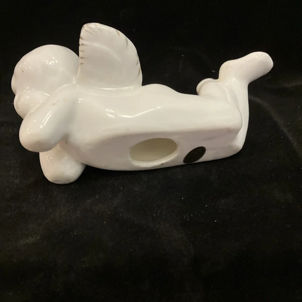 Vintage Milk White Ceramic Cherub Angel Figurine Gold Gilt Wings Precious Pose